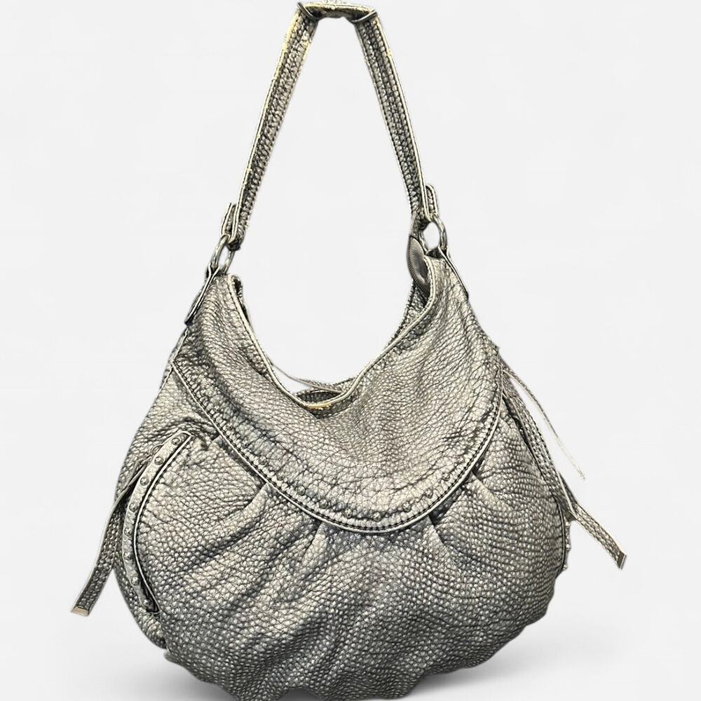 Y2K Marc Ecko Metallic Silver Studded Faux Leather Hobo Bag Fringe - Picture 5 of 13